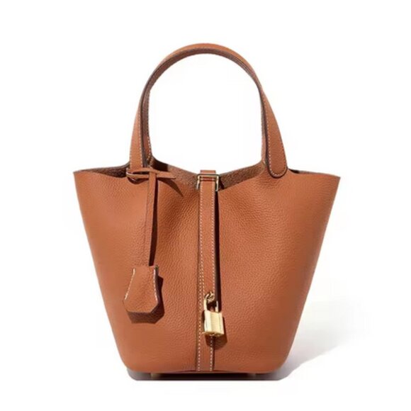 Elegant Genuine Leather Bucket Bag with Lock — 5 Colors Available - Picture 3 of 16
